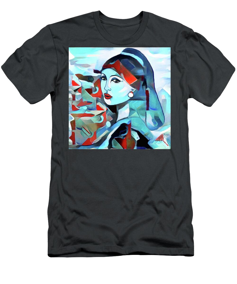 Figurative Art T-Shirt featuring the digital art Girl with Pearl 002 by Stacey Mayer