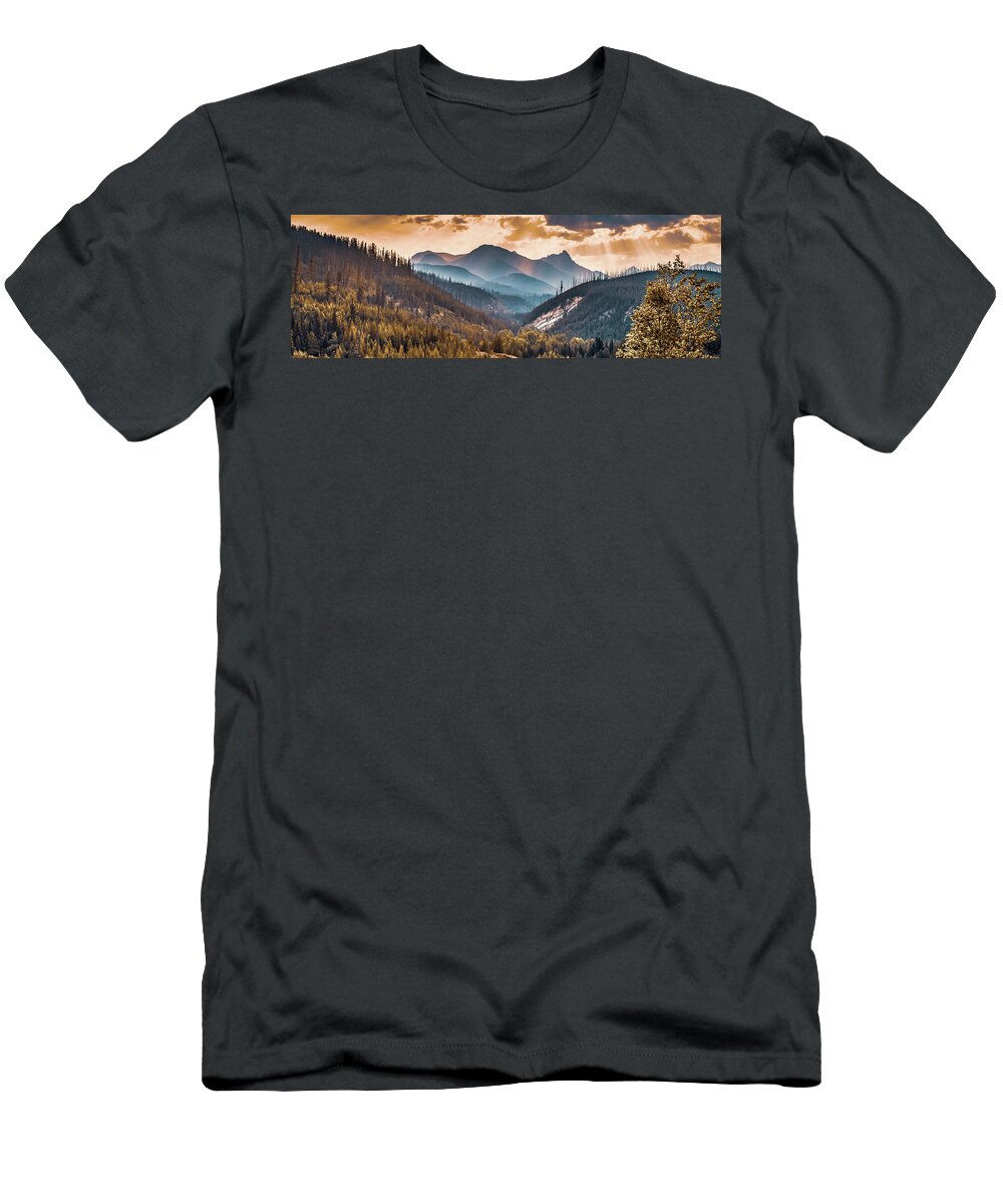 America T-Shirt featuring the photograph Glacier Rocky Mountain Range Panorama - Montana Sunrise by Gregory Ballos