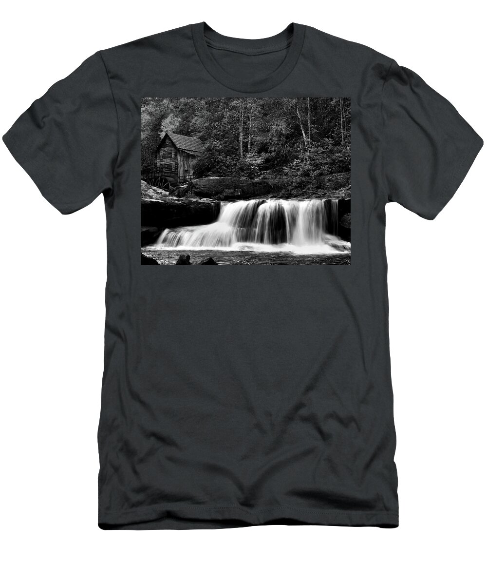 Glade Creek T-Shirt featuring the photograph Glade Creek Grist Mill Monochrome by Flees Photos