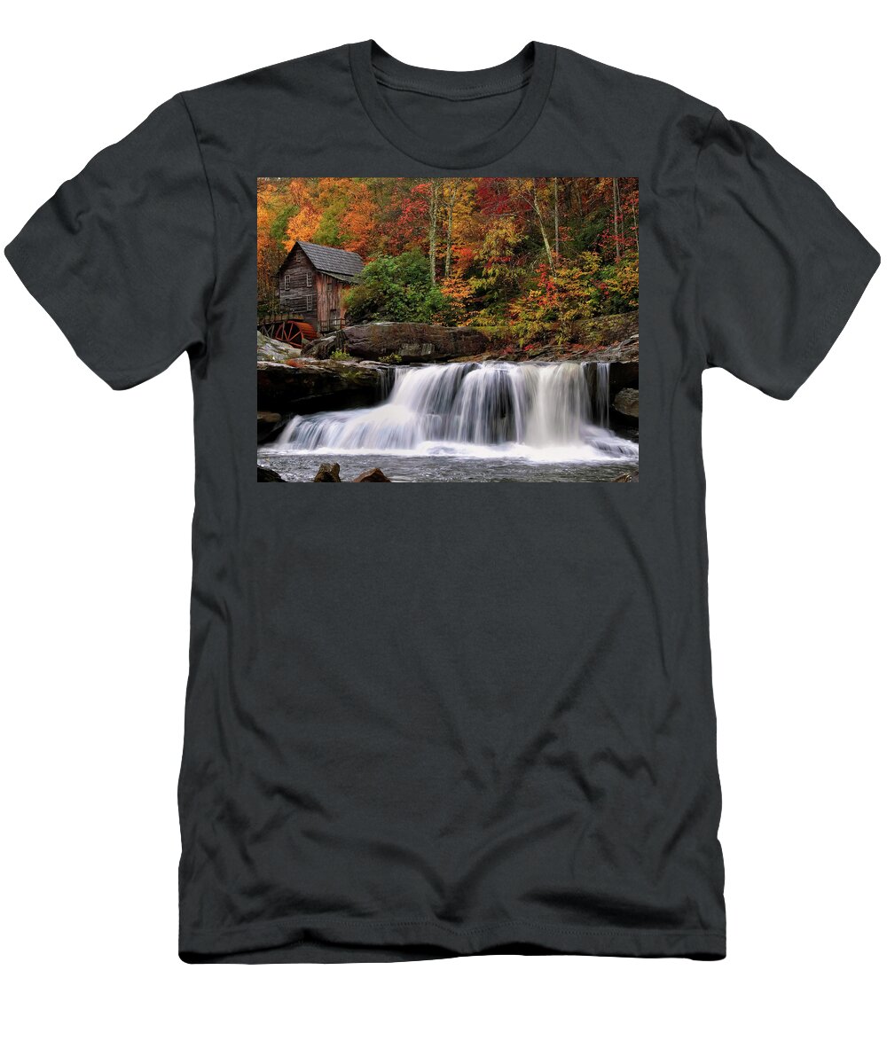 Waterfall T-Shirt featuring the photograph Glade Creek grist mill - Photo by Flees Photos