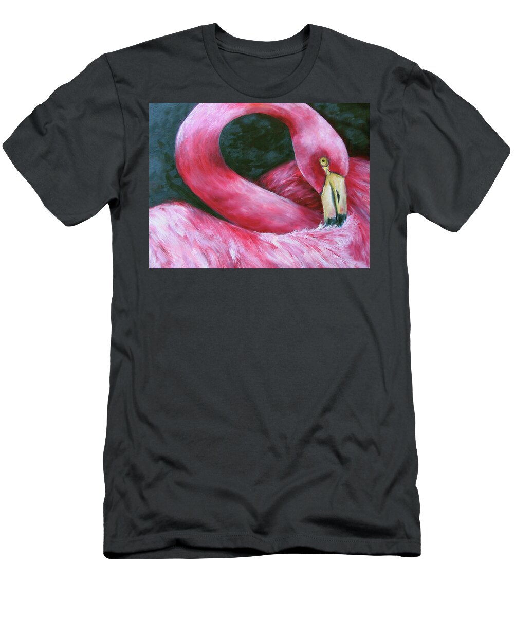 Glance Of The Flamingo Is A Reproduction Of The Artist's Tropical Work. A Bold And Dramatic Presentation. T-Shirt featuring the painting Glance of the Flamingo by Barbara Landry