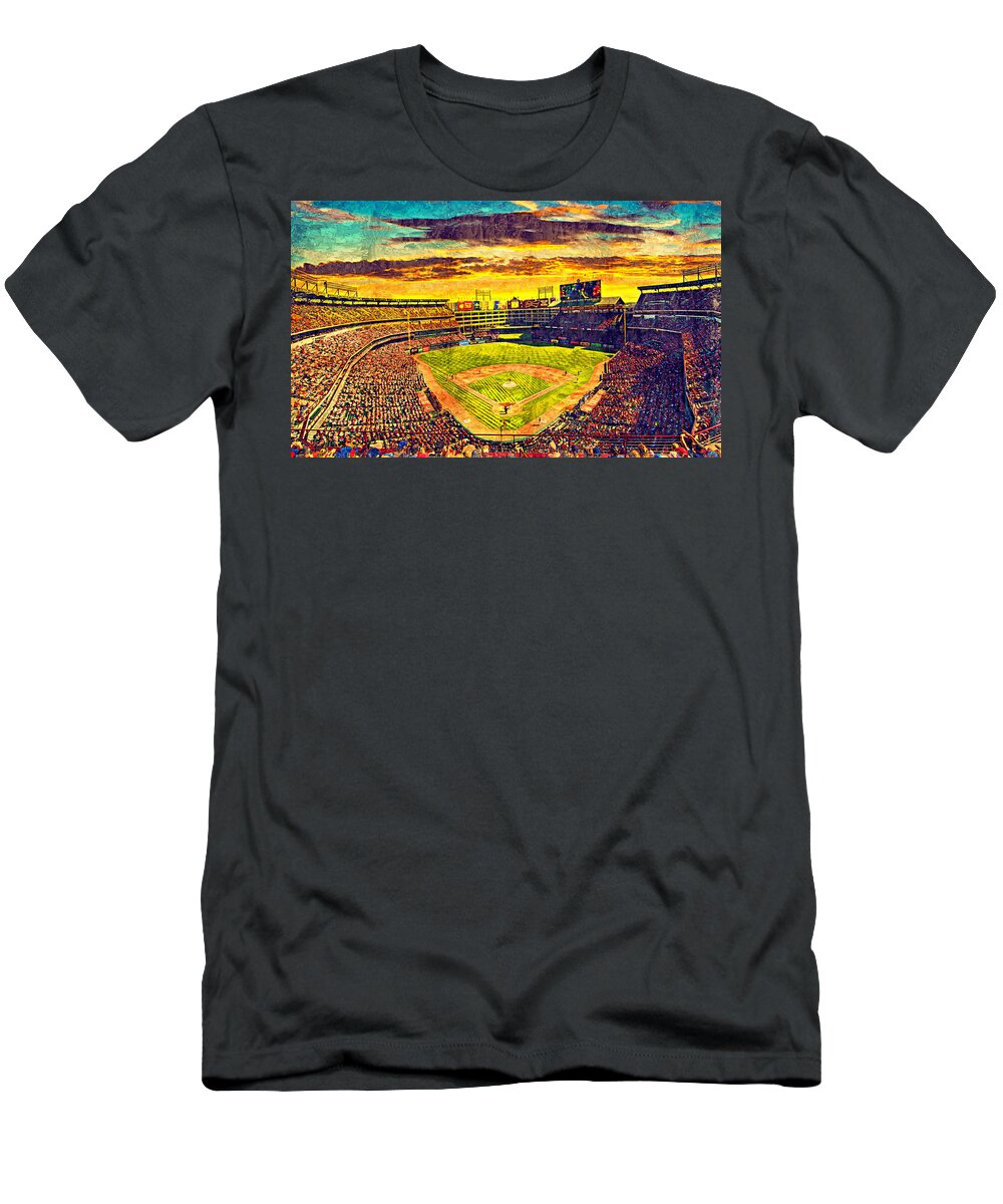 Globe Life Park T-Shirt featuring the digital art Globe Life Park in Arlington, Texas, at sunset - digital painting by Nicko Prints