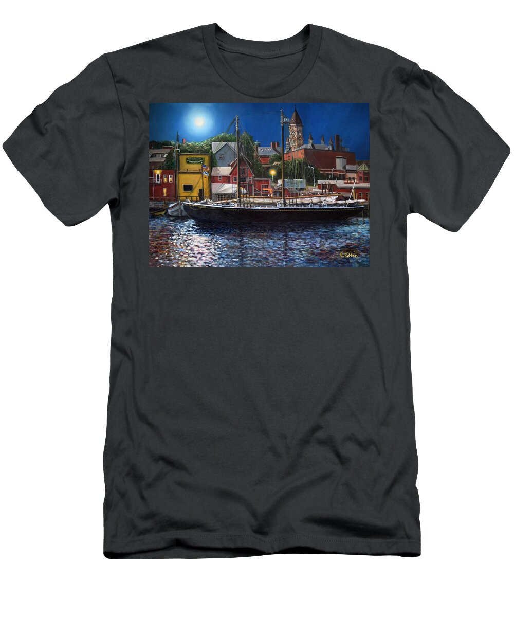 Gloucester T-Shirt featuring the painting Gloucester Harbor Nocturne, Schooner Adventure by Eileen Patten Oliver
