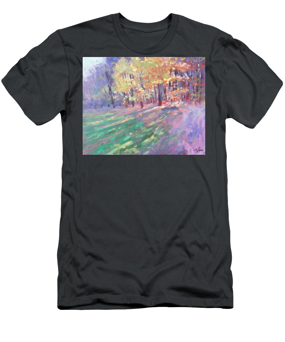 Glow; Autumn; Trees; Sun; Sunshine; Shadows; Fall; Abstract; Leaves; Foliage; Grass; Yellow; Orange; Blue; Green; Purple; Violet; Sky; Forest; Pennsylvania T-Shirt featuring the painting Glow of Autumn by Michael Camp
