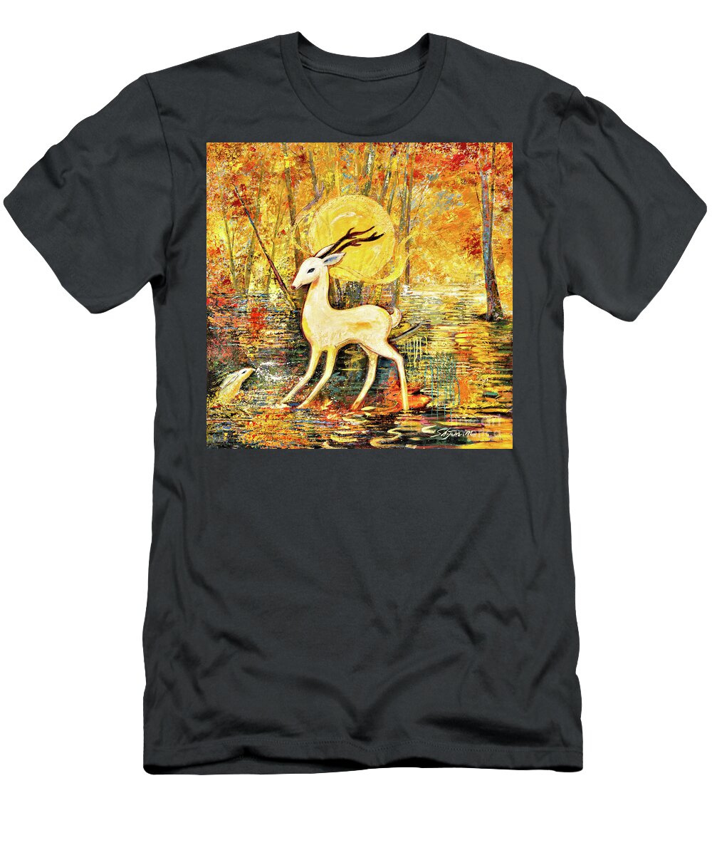 Deer T-Shirt featuring the painting Golden Autumn by Shijun Munns