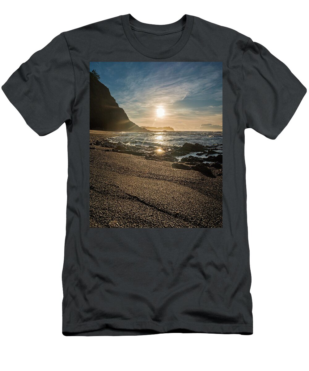 Central America T-Shirt featuring the photograph Golden sunlight reflection on sand beach at Punta Samara by Henri Leduc