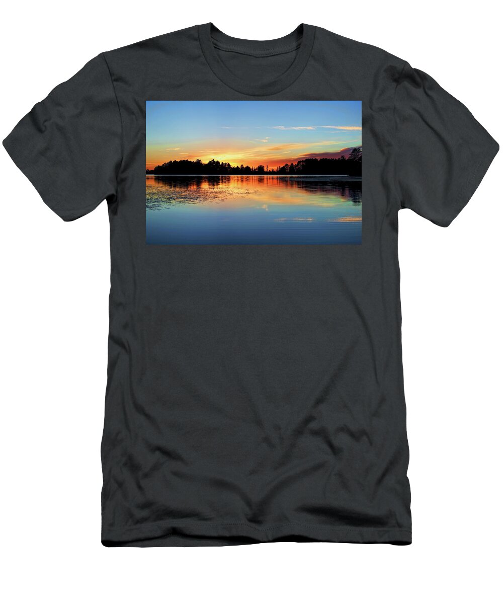 Upnorth T-Shirt featuring the photograph Golden Sunset Over Burrows Lake by Dale Kauzlaric
