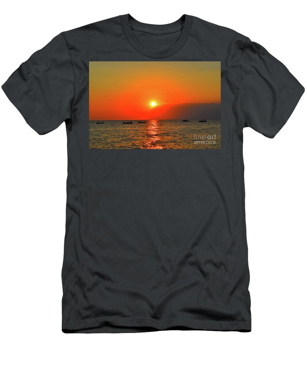 Harmony T-Shirt featuring the photograph Golden Sunset Seascape And Boats by Leonida Arte
