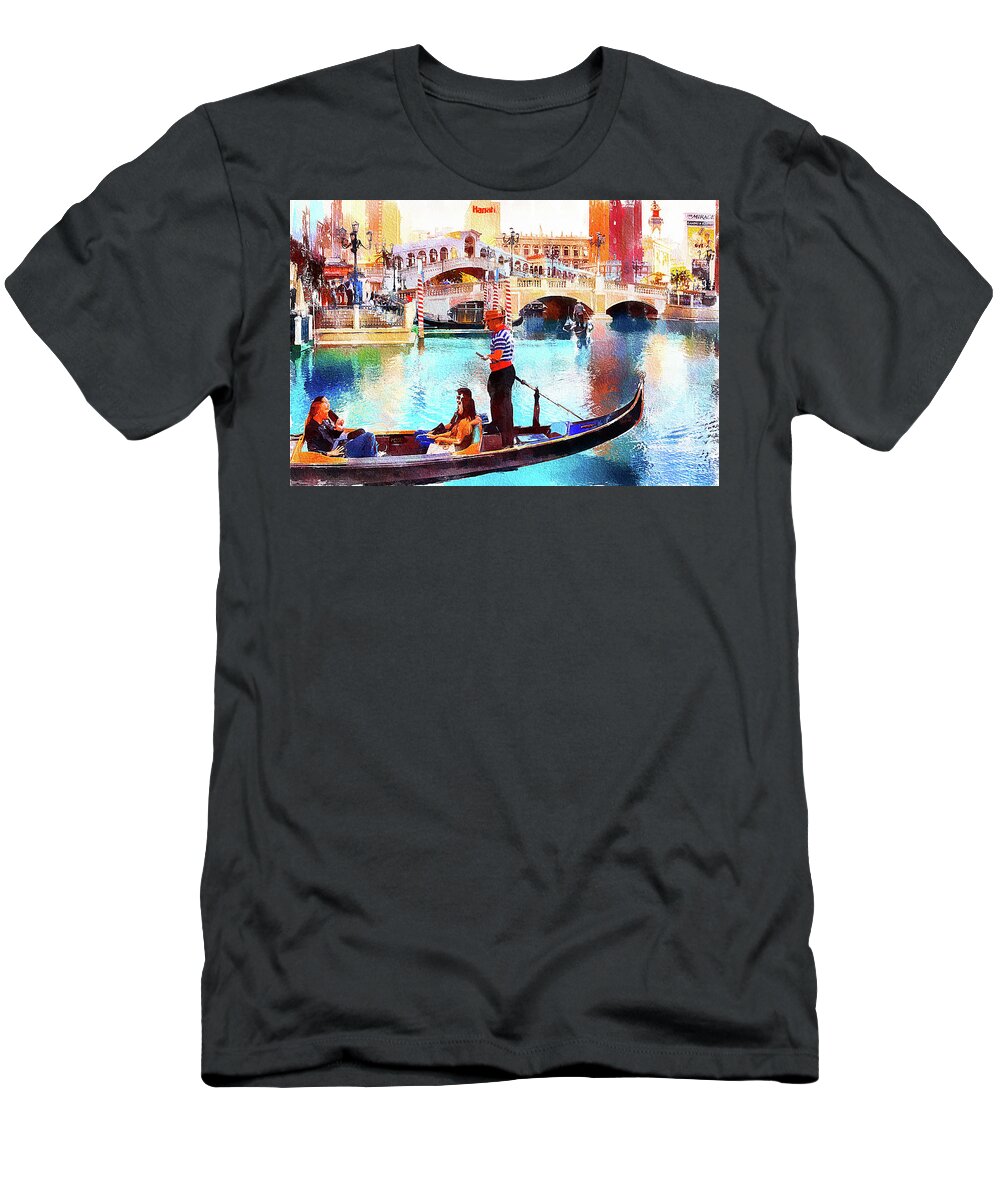 Venice Las Vegas T-Shirt featuring the mixed media Gondola rides at the Venetian Las Vegas by Tatiana Travelways