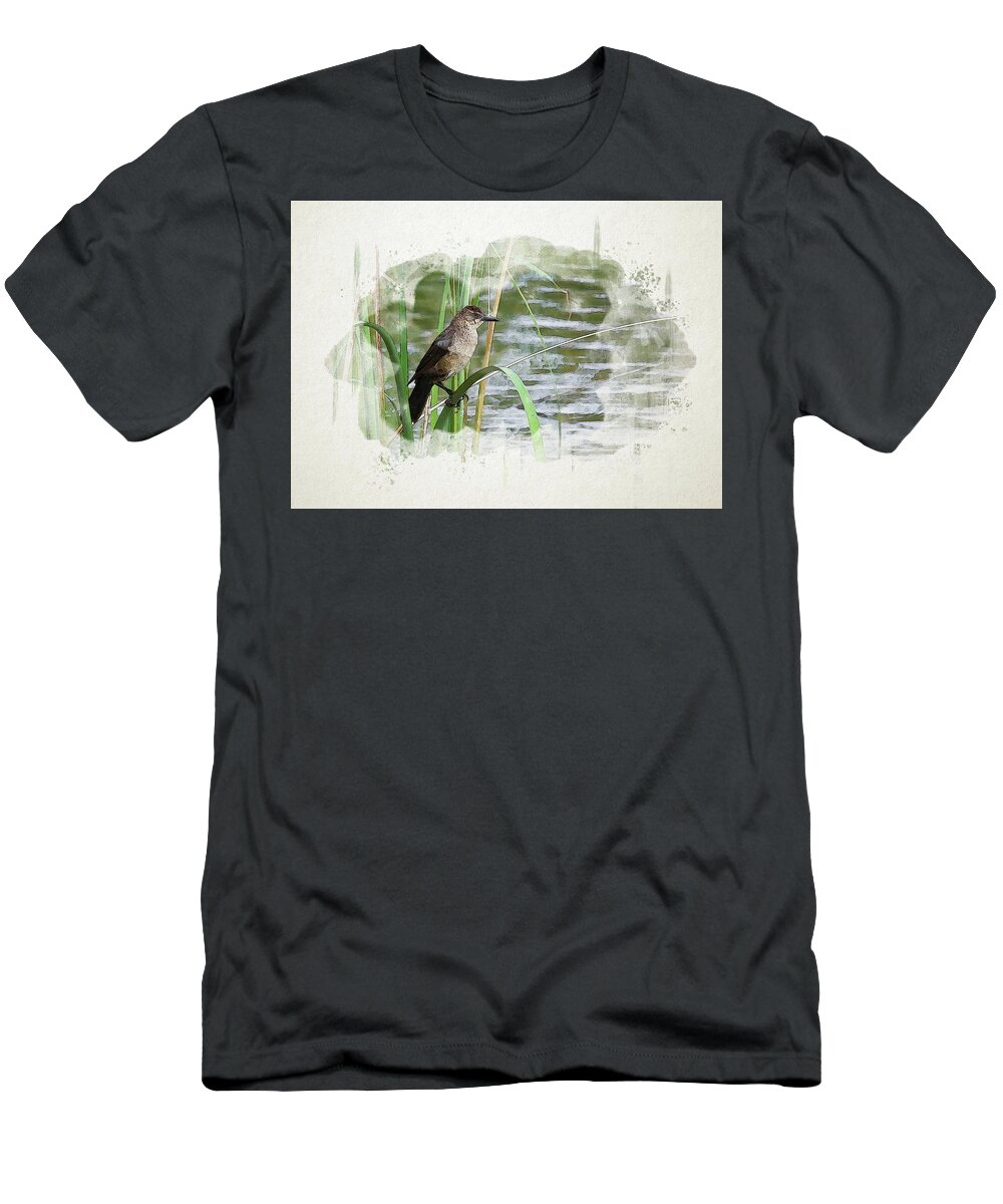 Grackle T-Shirt featuring the digital art Grackle by the Lake by Alison Frank