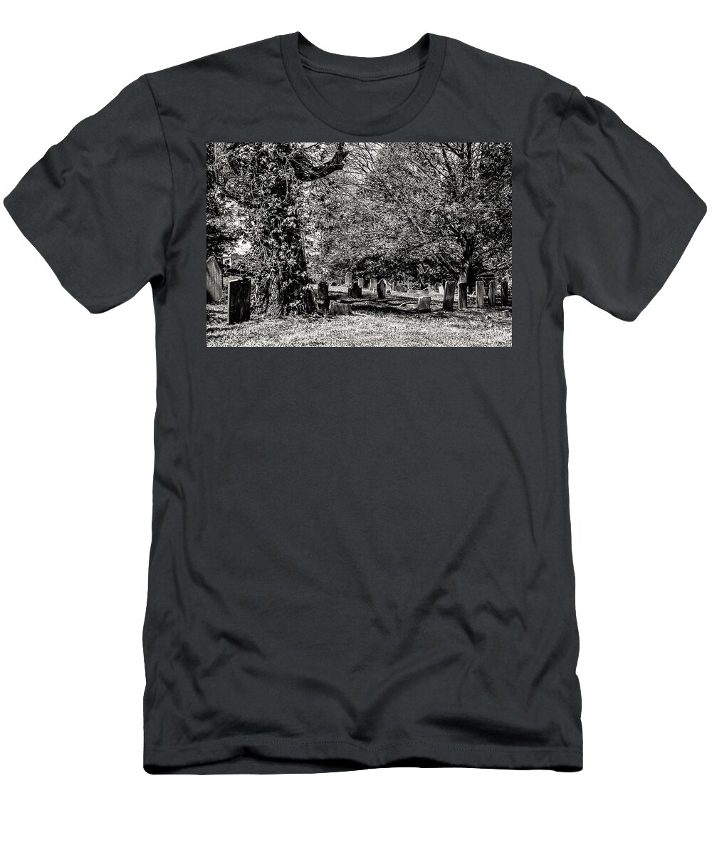 Grave Yard Tombstones Trees B&w T-Shirt featuring the photograph Grave Yard1 by John Linnemeyer
