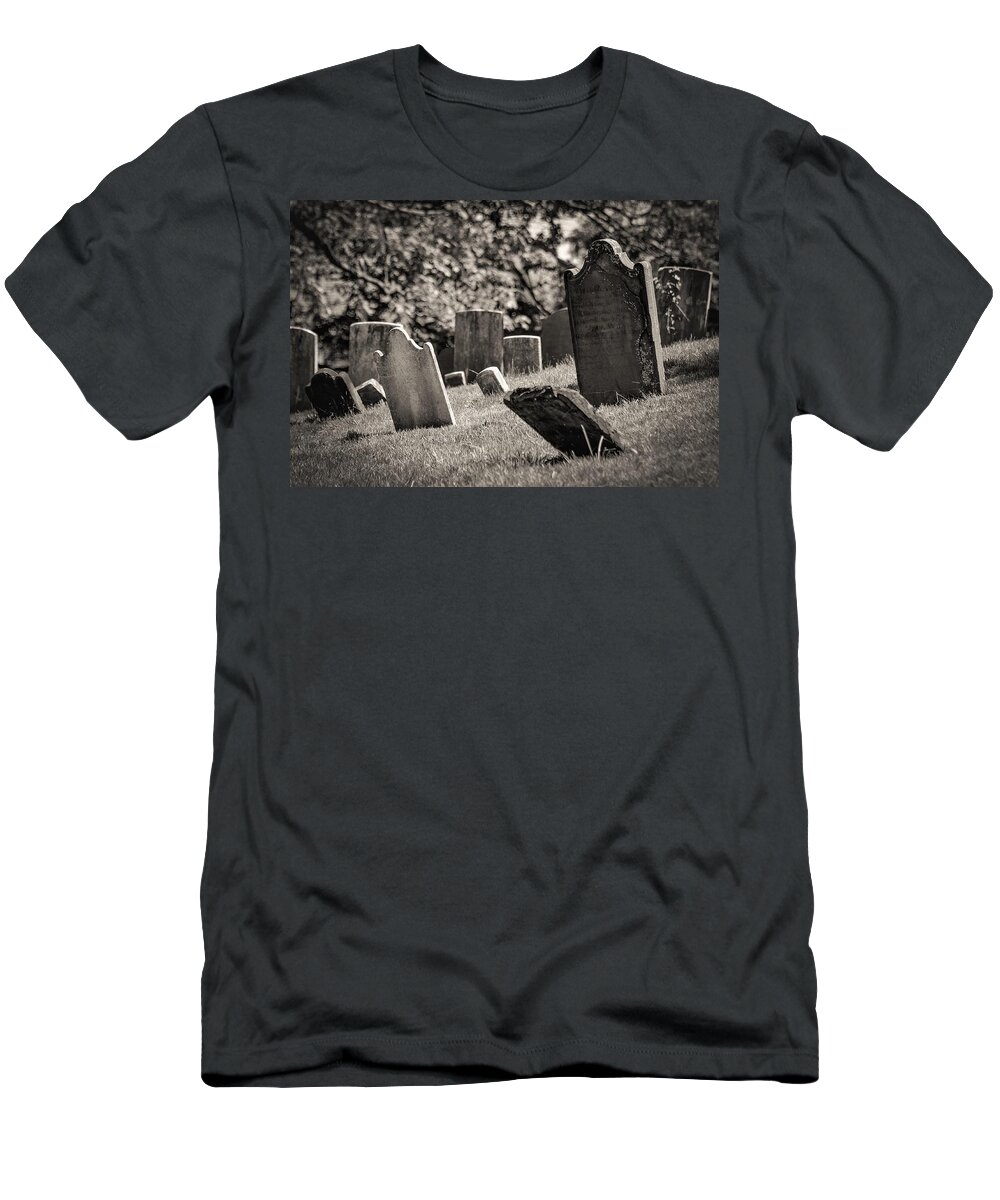 Grave Yard Tomb Stones Trees B&w T-Shirt featuring the photograph Grave Yard3 by John Linnemeyer
