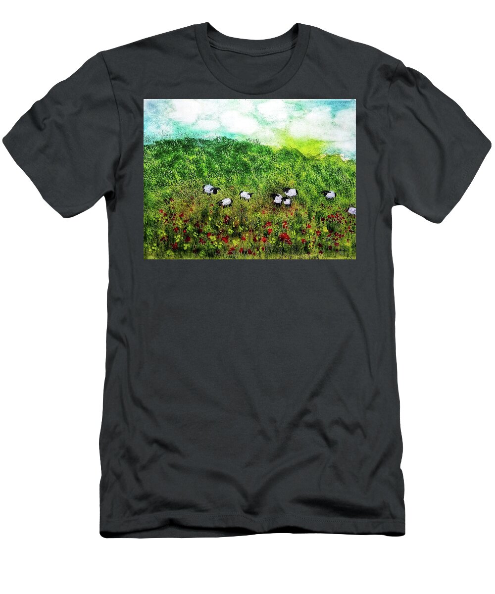 Graze T-Shirt featuring the painting Grazing Sheep by Shady Lane Studios-Karen Howard
