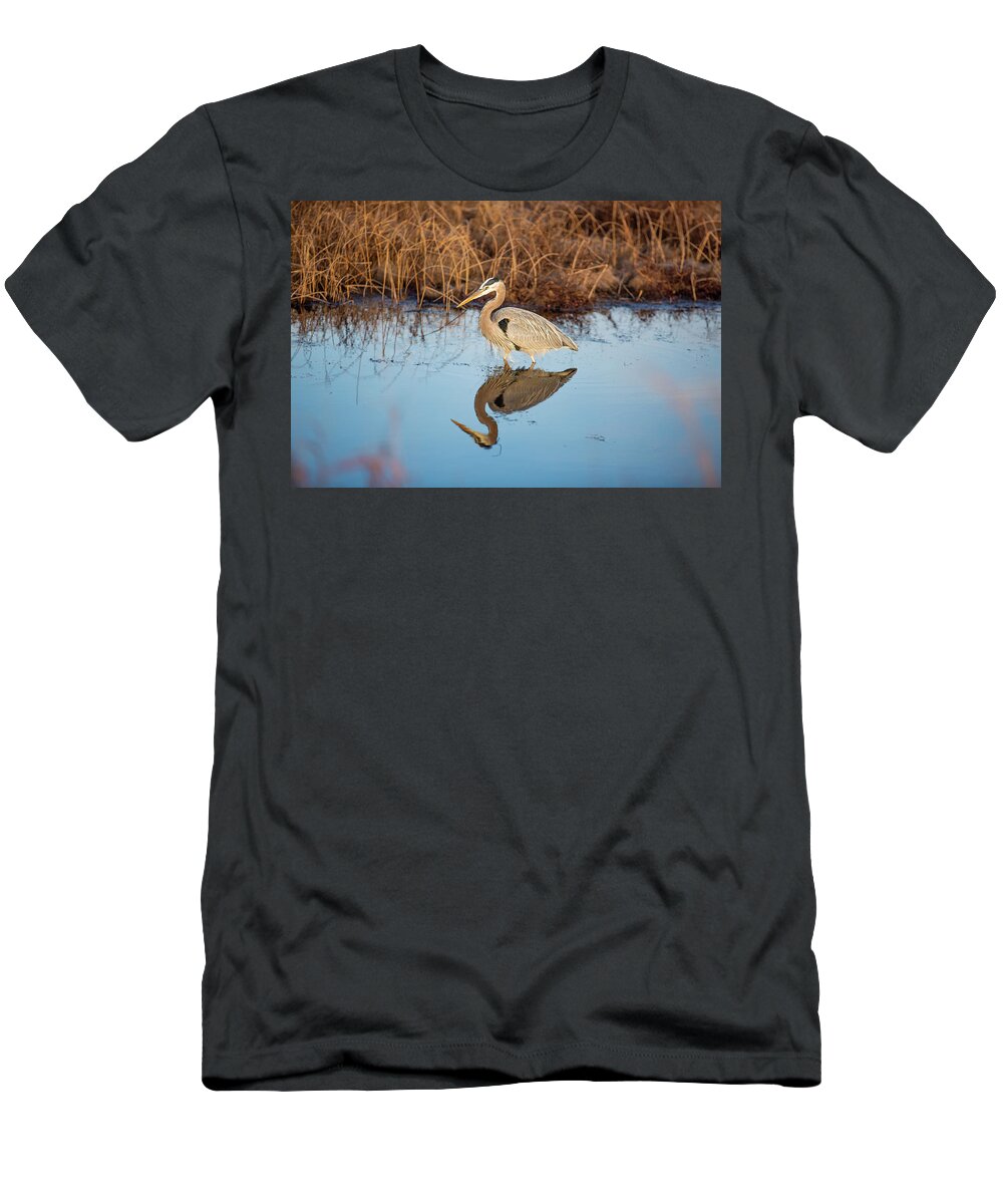 Back Bay T-Shirt featuring the photograph Great Blue Heron Reflection by Donna Twiford