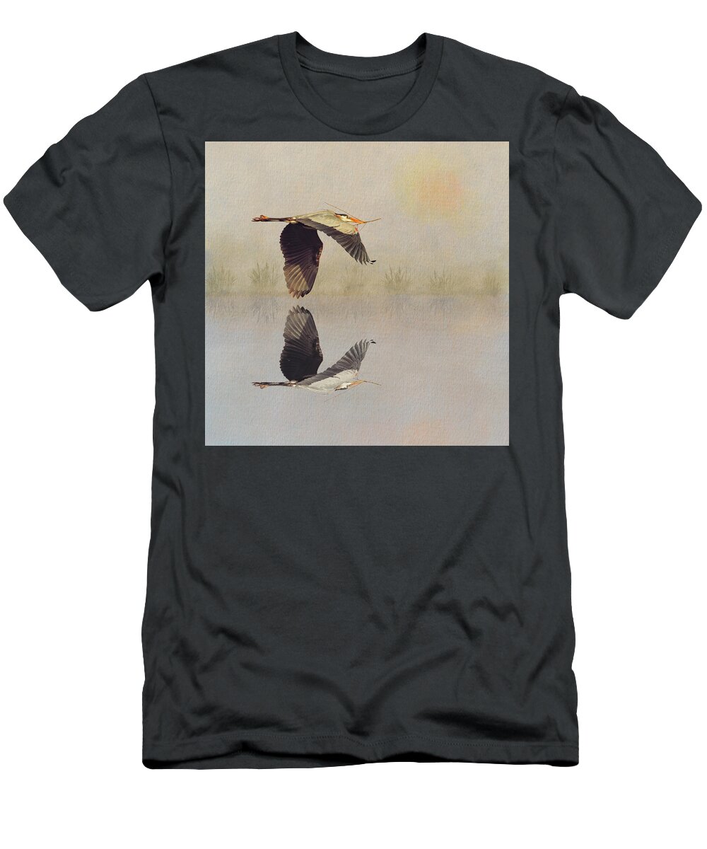 Heron T-Shirt featuring the mixed media Great Blue Heron Watercolor Reflection by Patti Deters