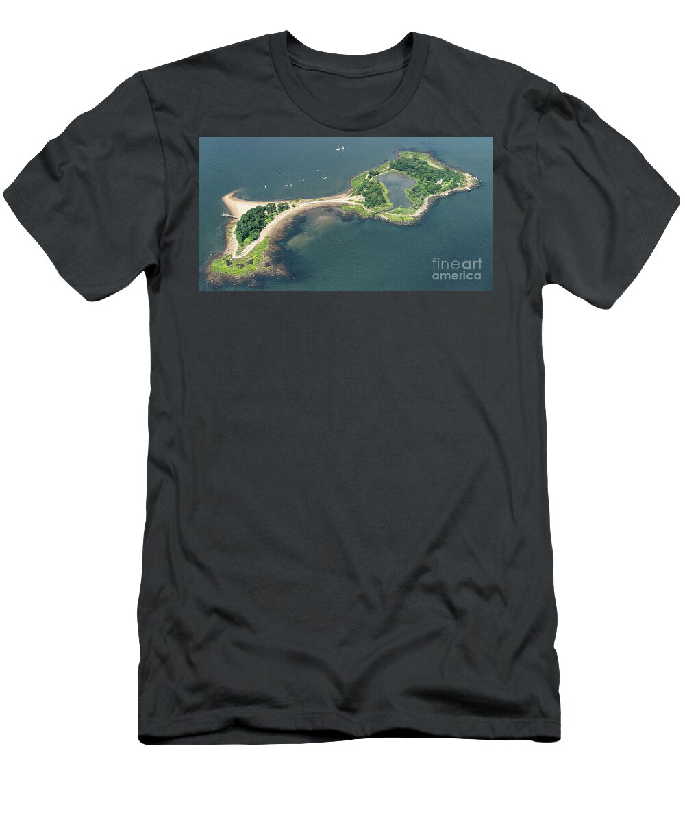 Great Captain Island T-Shirt featuring the photograph Great Captain Island in Greenwich Connecticut Aerial Photo by David Oppenheimer