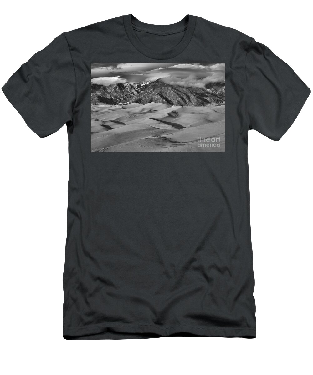 Colorado T-Shirt featuring the photograph Great Dunes And Shadows Below The Mountain Peaks Black And White by Adam Jewell