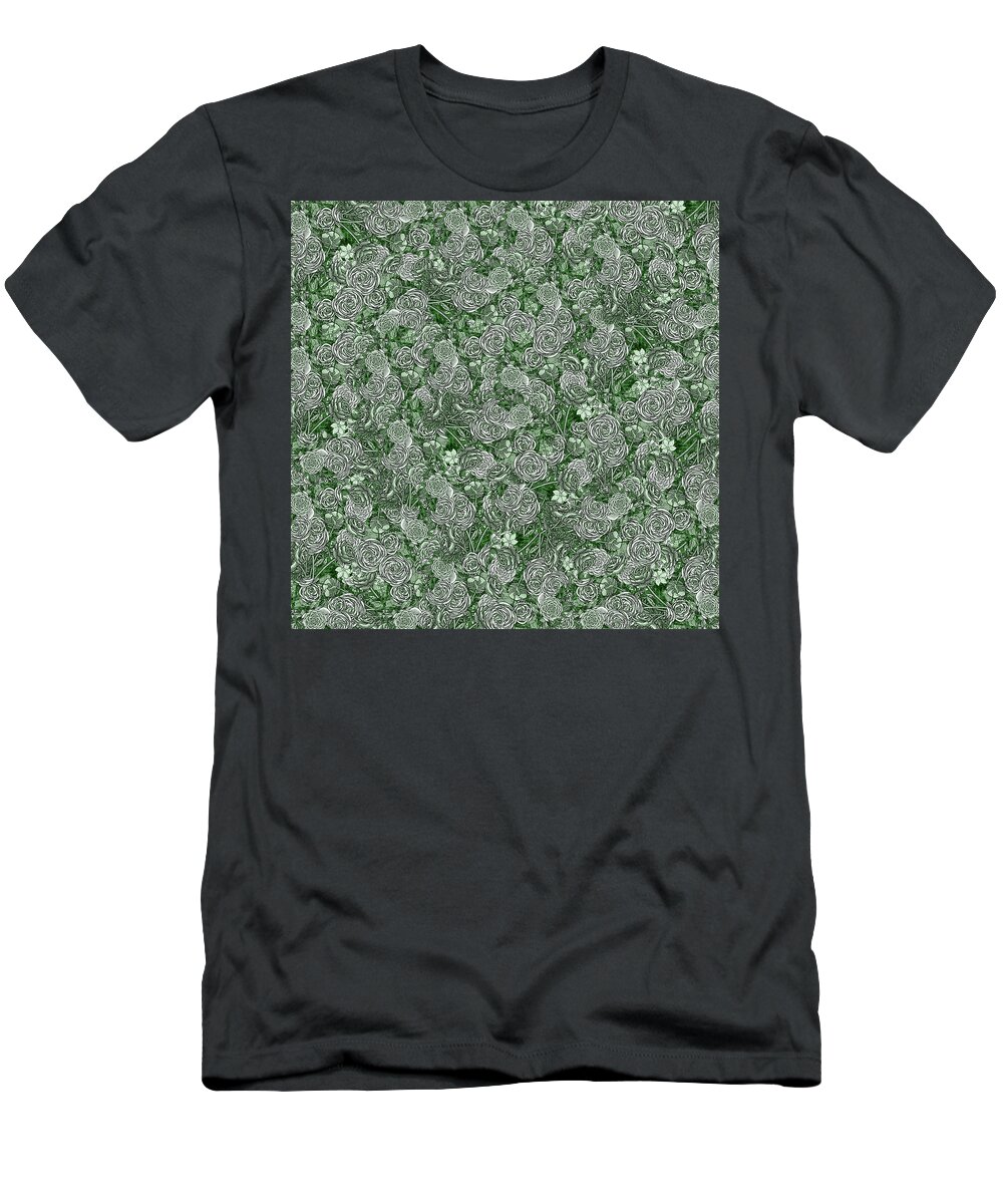 Green T-Shirt featuring the painting Green Botanical Flowers Pattern I by Irina Sztukowski