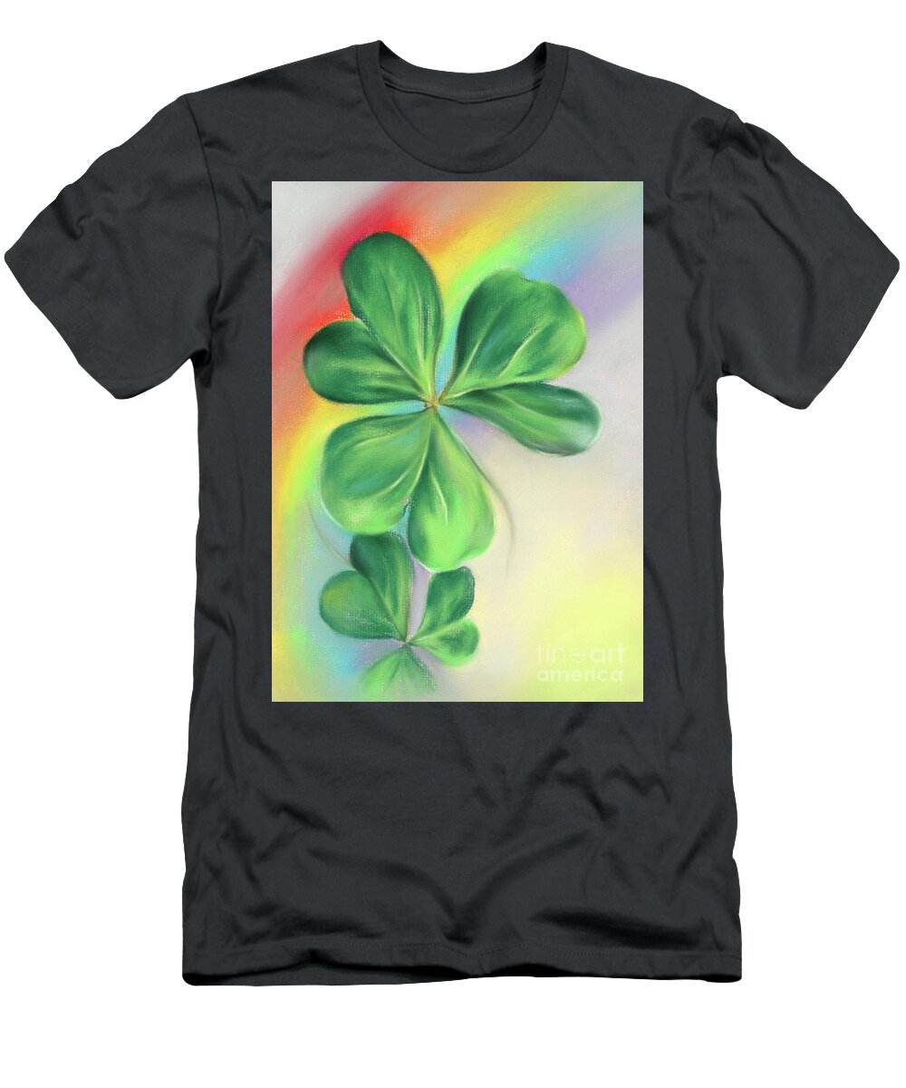 Botanical T-Shirt featuring the painting Green Shamrocks and Colorful Rainbow by MM Anderson