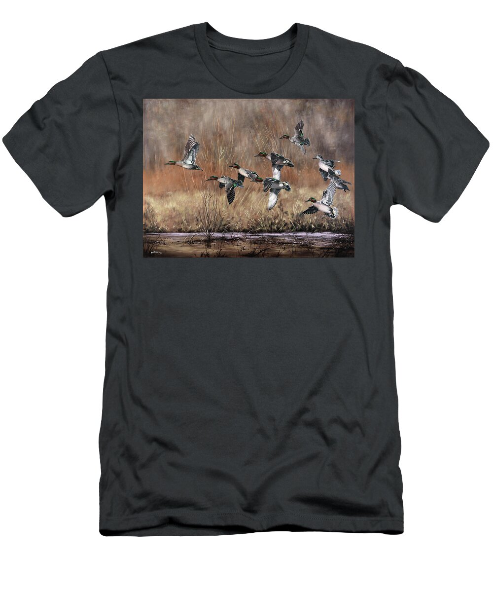Duck T-Shirt featuring the painting Green-Winged Getaway by Glenn Pollard