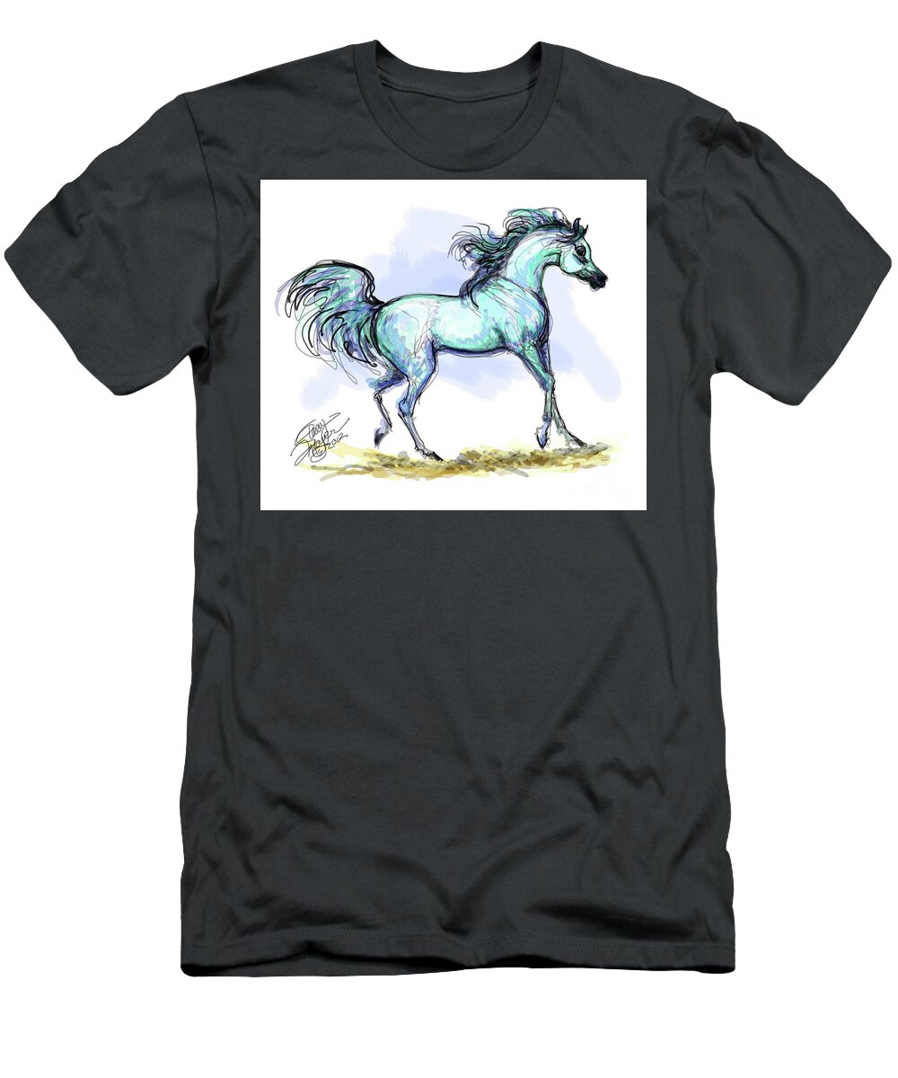 Equestrian Art T-Shirt featuring the digital art Grey Arabian Stallion Watercolor by Stacey Mayer by Stacey Mayer