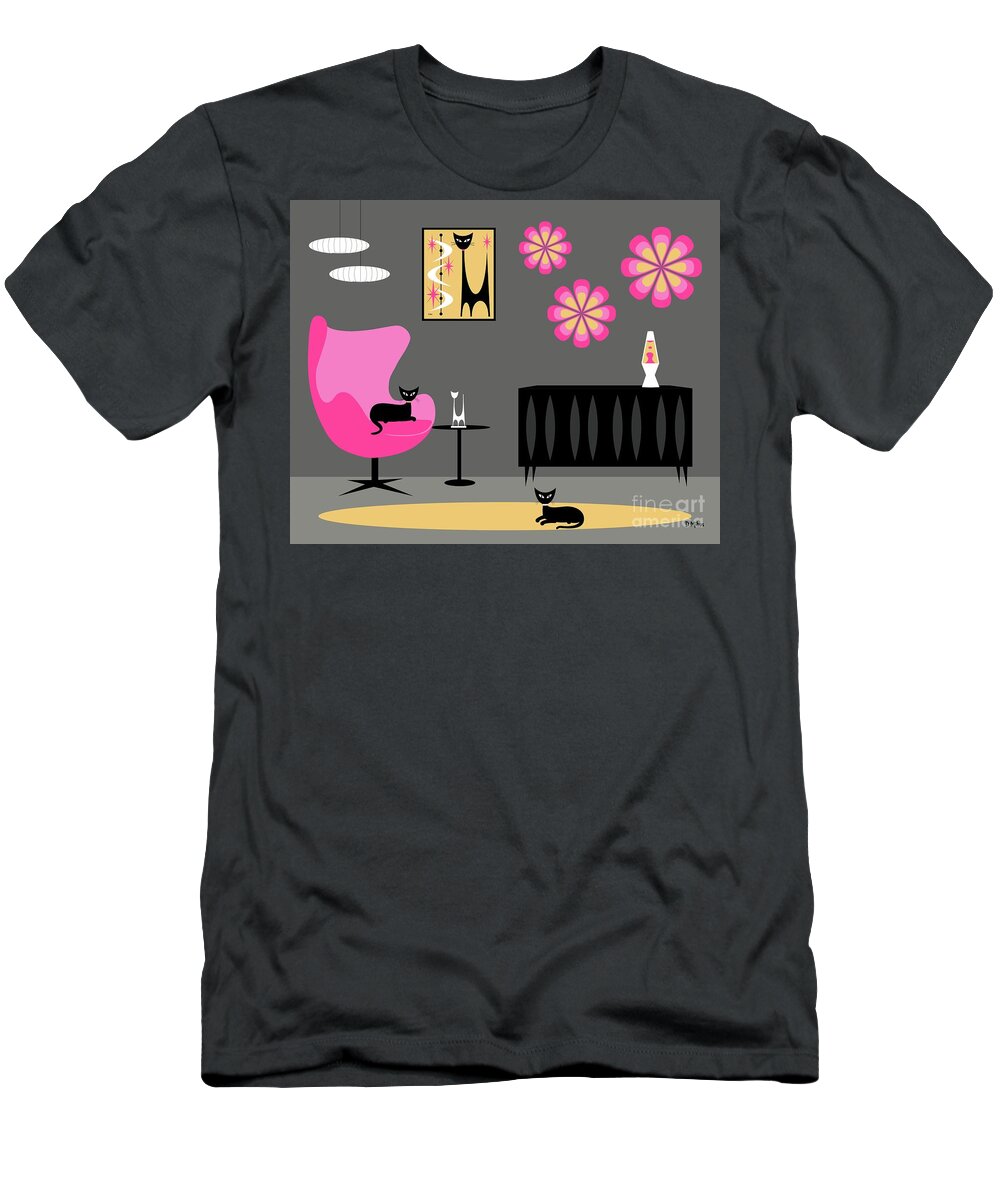 Mid Century Cat T-Shirt featuring the digital art Groovy Pink Yellow and Gray Room by Donna Mibus