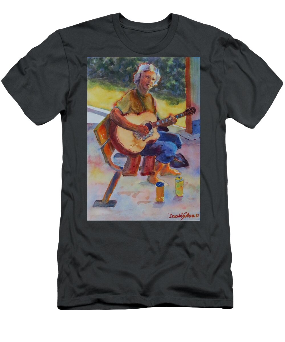 Summer T-Shirt featuring the painting Guitarist at the Park by David Gilmore