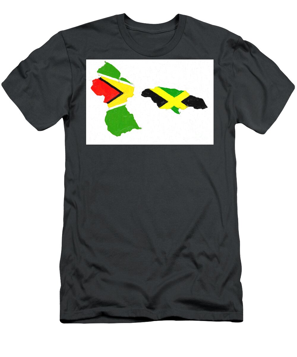 Guyana And Jamaica T-Shirt featuring the digital art Guyana Jamaica Painted Flag Map by Antony McAulay