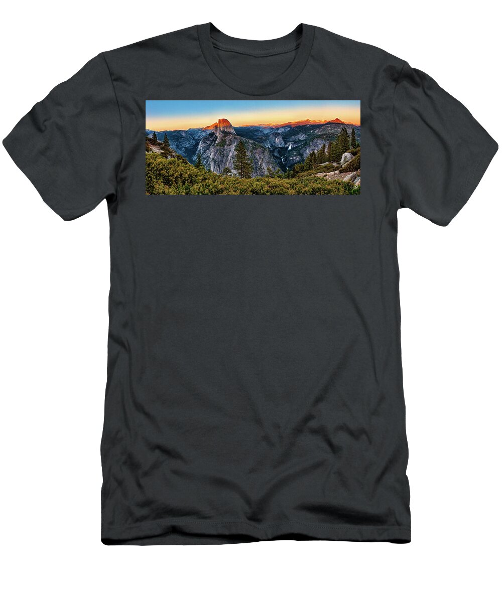 California T-Shirt featuring the photograph Half Dome Sunset at Yosemite Panorama by Dan Carmichael