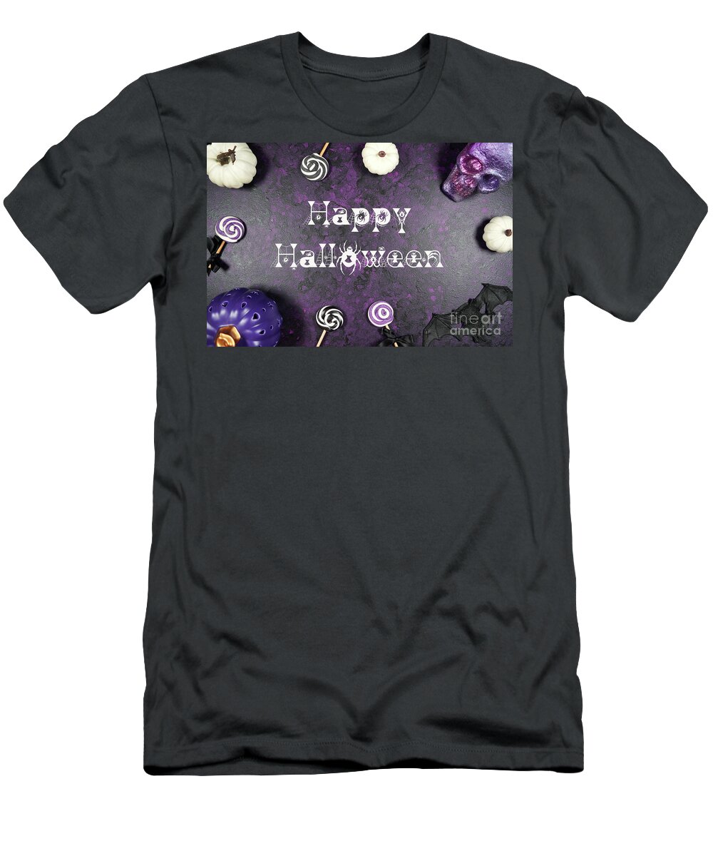 Halloween T-Shirt featuring the photograph Halloween trick or treat flatlay on purple background with white by Milleflore Images