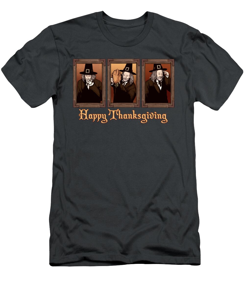 Turkey T-Shirt featuring the drawing Happy Thanksgiving by Ludwig Van Bacon