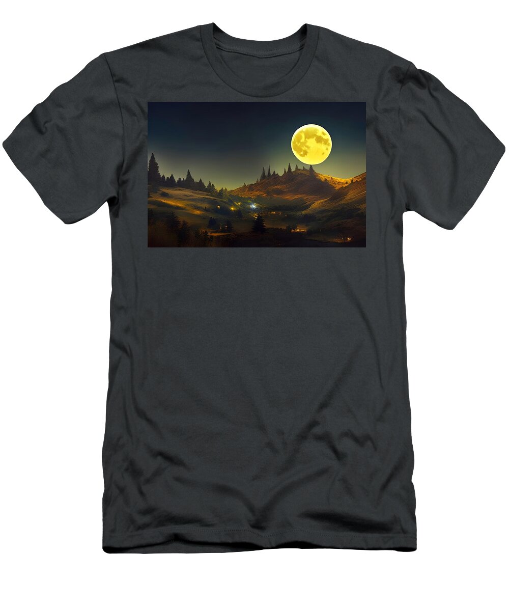 Digital T-Shirt featuring the digital art Harvest Moon Over Farm by Beverly Read