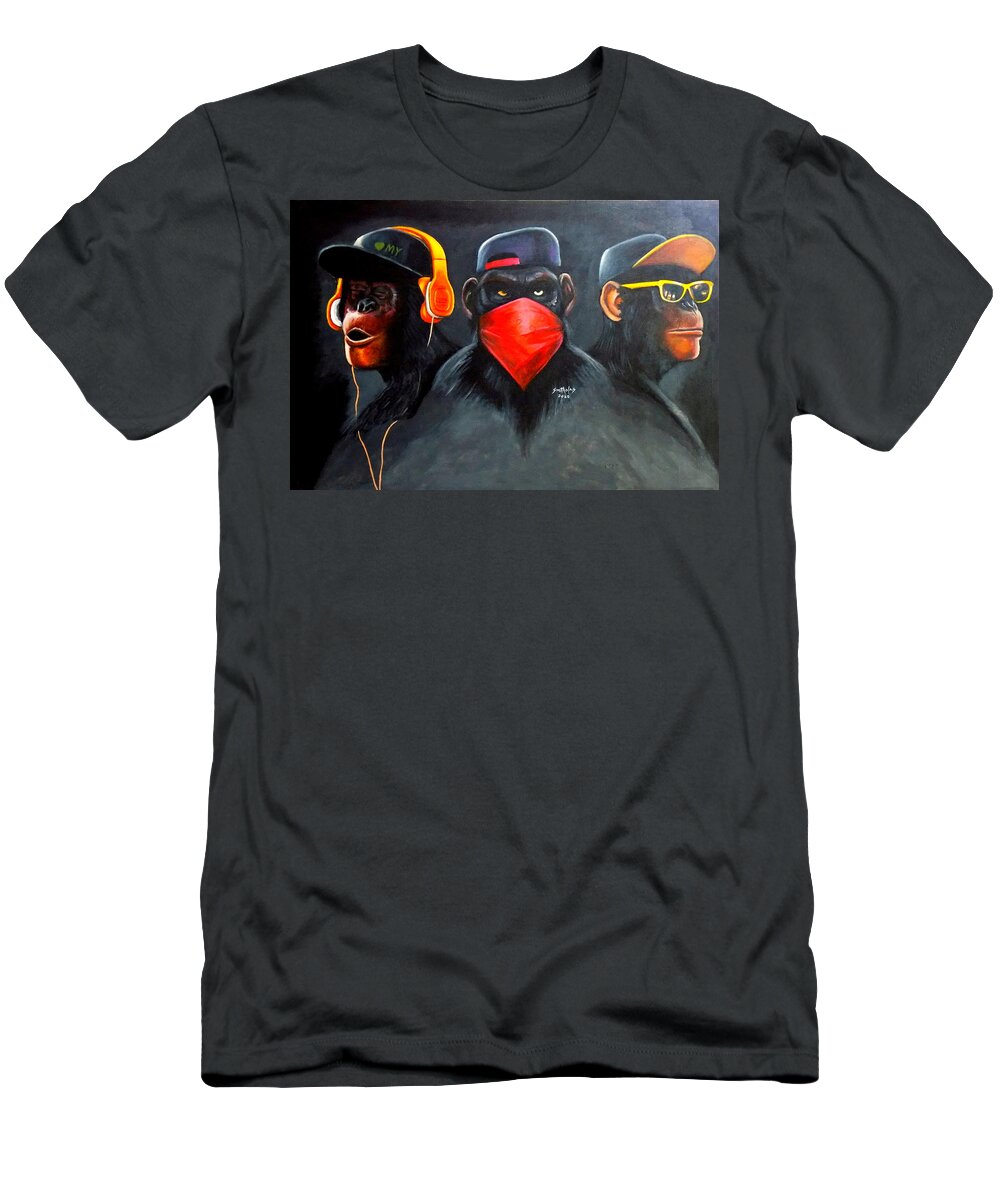 Living Room T-Shirt featuring the painting Hear no Evil, Speak no Evil,See no Evil by Olaoluwa Smith