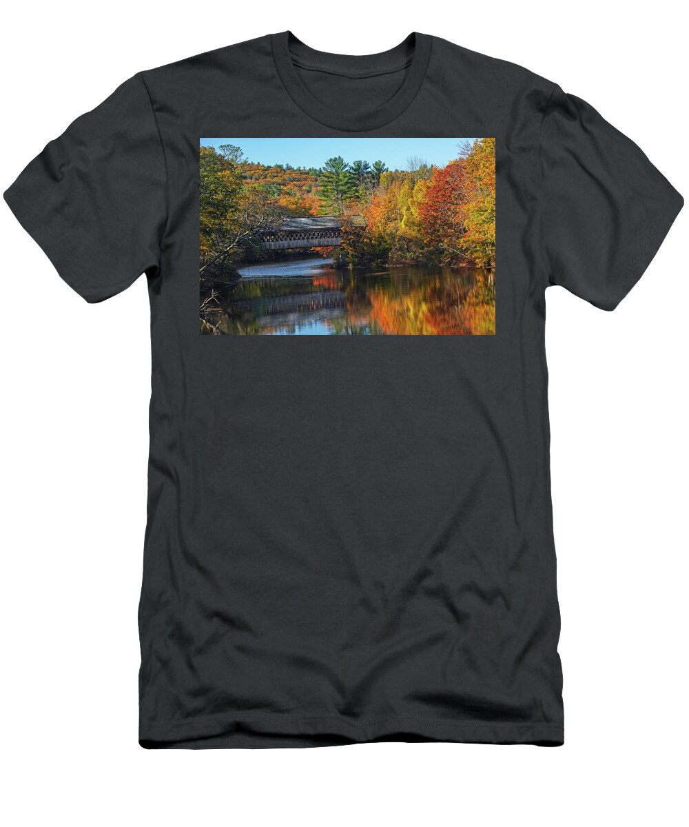 Henniker T-Shirt featuring the photograph Henniker Covered Bridge in Fall Foliage Contoocook River Henniker NH by Toby McGuire