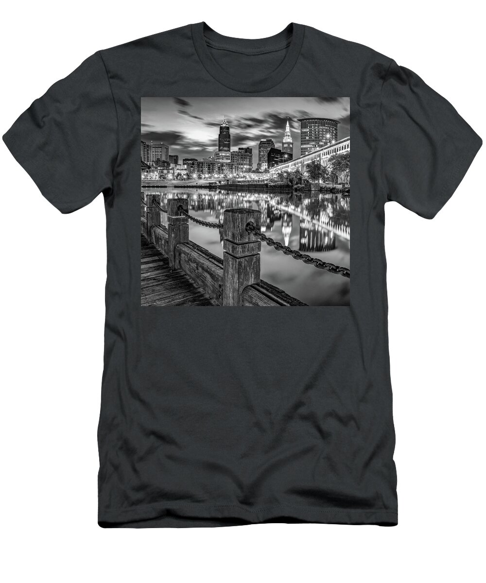 Cleveland Ohio T-Shirt featuring the photograph Heritage Park Riverfront View of The Cleveland Skyline - Black and White by Gregory Ballos