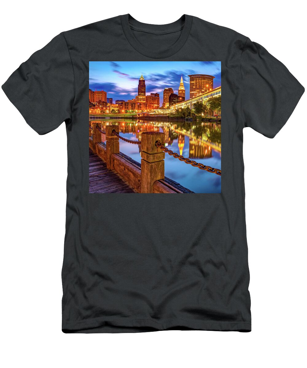 Cleveland Ohio T-Shirt featuring the photograph Heritage Park Riverfront View of The Cleveland Skyline by Gregory Ballos
