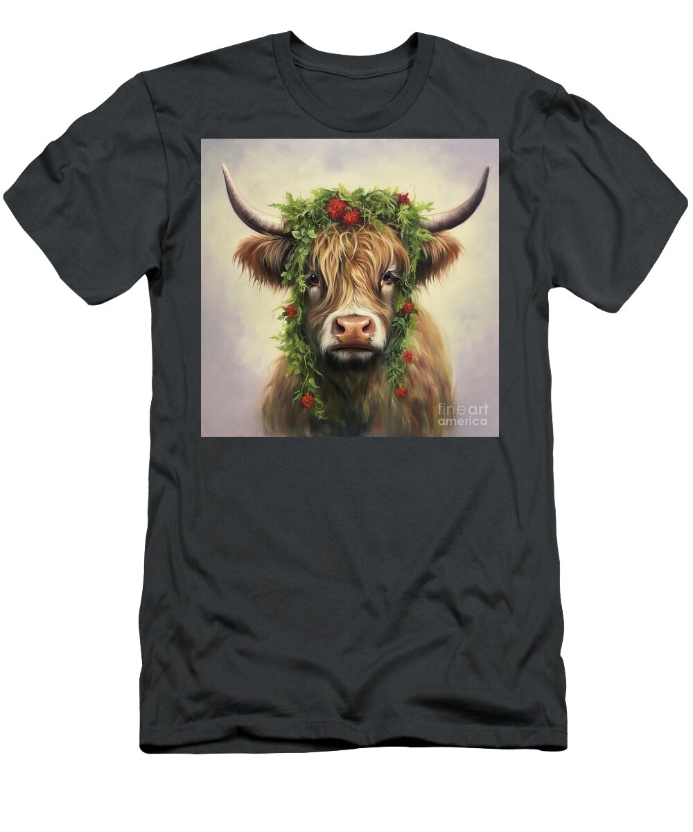 Christmas T-Shirt featuring the painting Highland Christmas Cow by Tina LeCour