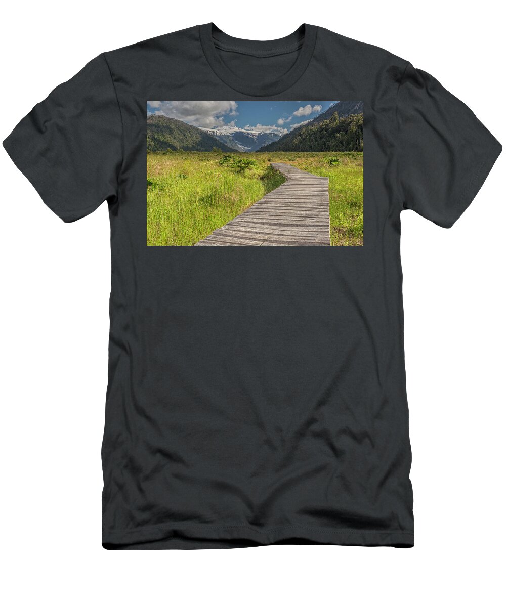 Chile T-Shirt featuring the photograph Hiking path to the Michinmahuida glacier by Henri Leduc