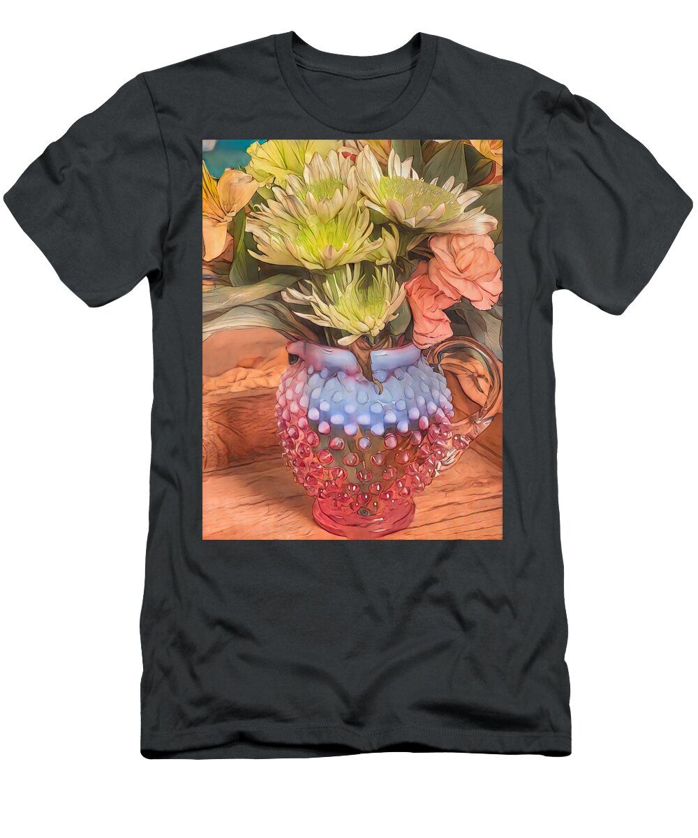 Hobnail Glass T-Shirt featuring the mixed media Hobnail Bouquet by Bonnie Bruno