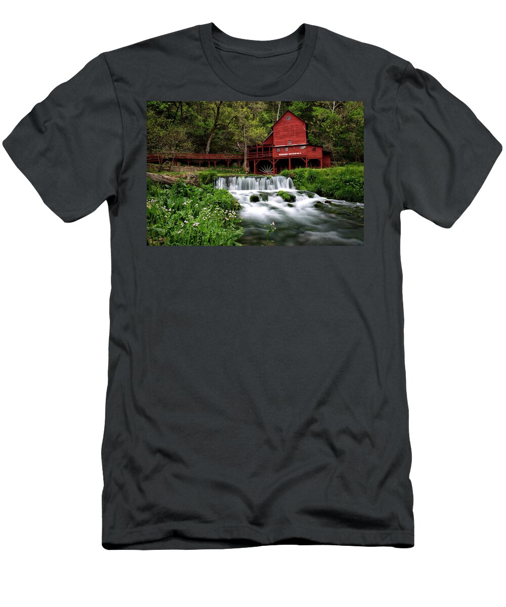 Wall Art Canvas Prints America Usa Eminence Missouri United States North America Flowing Water Grist Mill Historic Site Red Barn Old Red Mill Missouri History Most Popular Canvas Prints Scenic Landscape Ozark Mountains T-Shirt featuring the photograph Hodgson Grist Mill with Spring Flowers - Missouri by William Rainey