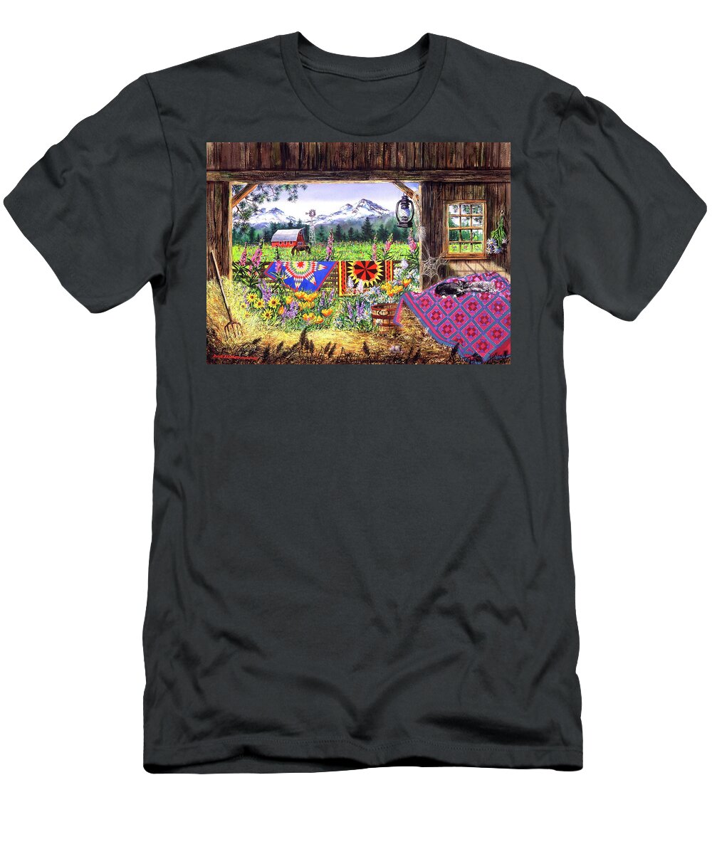 Barn T-Shirt featuring the painting Hole in the Barn Door by Diane Phalen