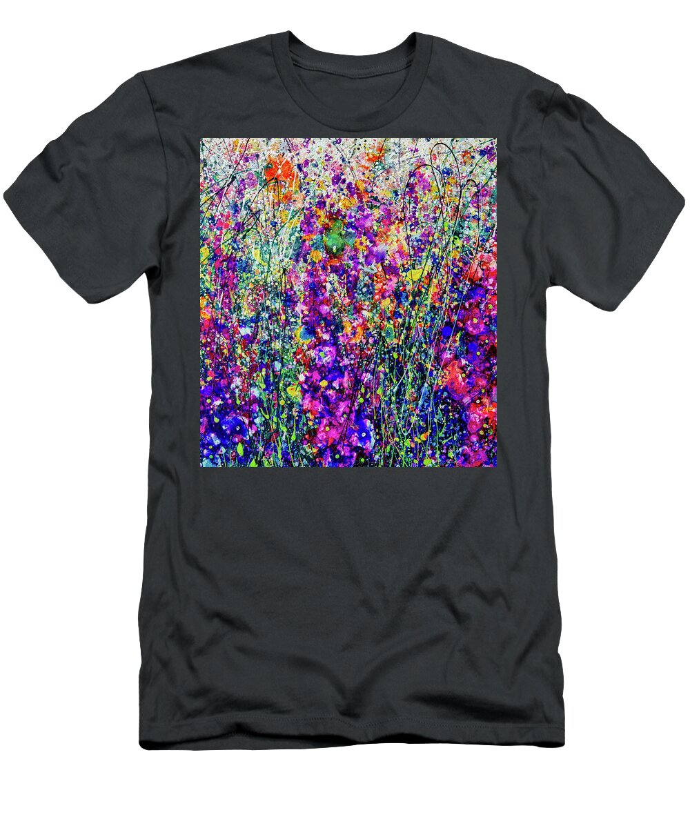 Flower T-Shirt featuring the painting Hollyhocks Abstract Acrylic with Drip Technique by Lena Owens - OLena Art Vibrant Palette Knife and Graphic Design