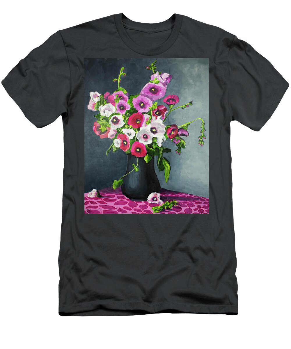 Still Life T-Shirt featuring the painting Hollyhocks by Debbie Brown