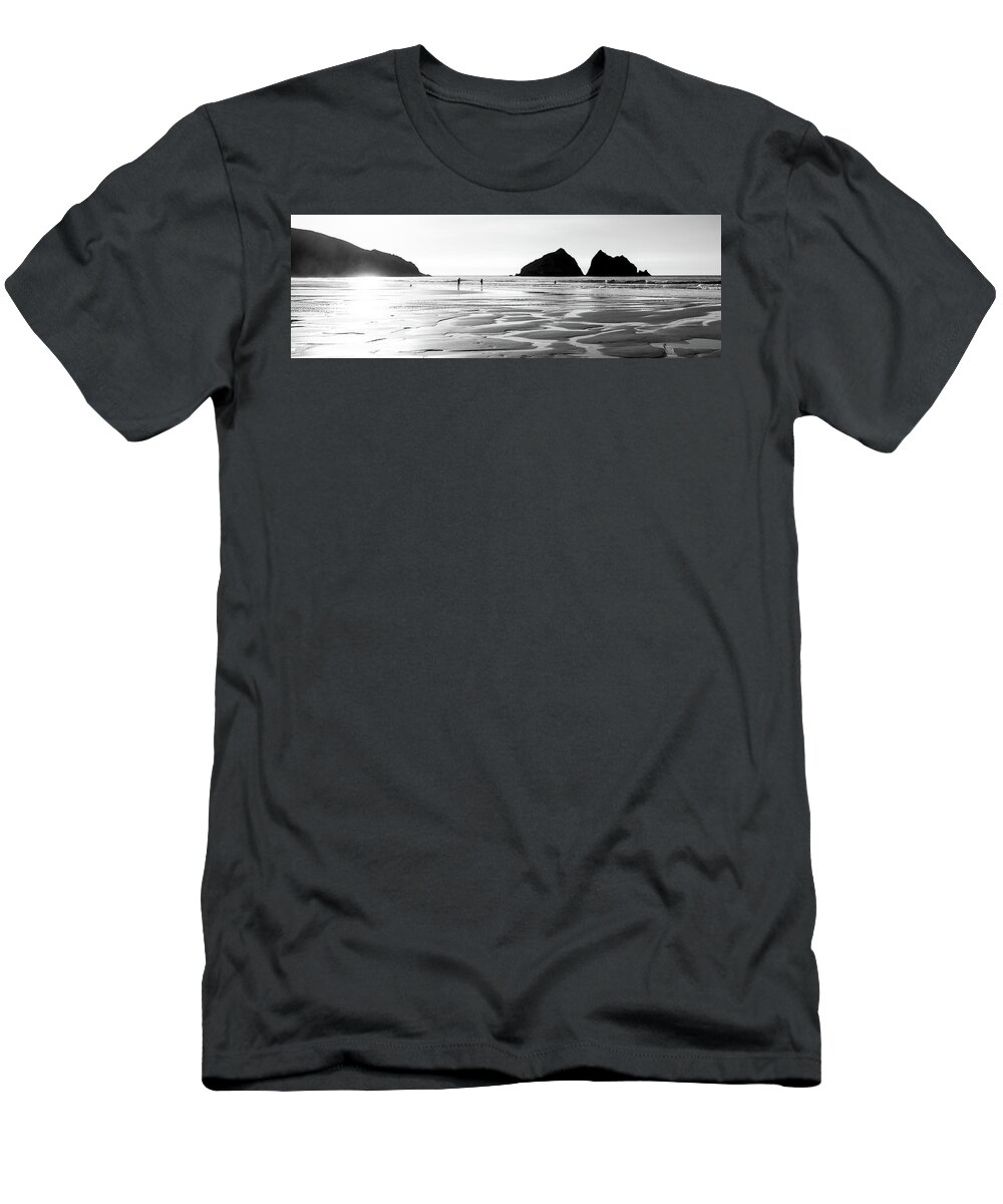 Cornwall T-Shirt featuring the photograph Holywell Beach and Gull Rock Cornwall Coast black and white 2 by Sonny Ryse