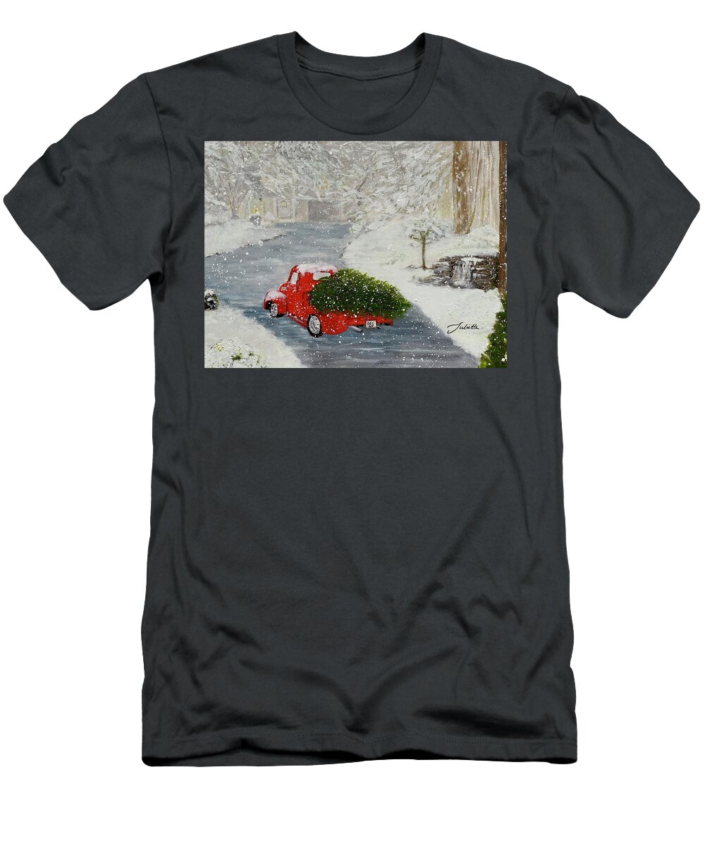 Red Truck T-Shirt featuring the painting Home For Christmas by Juliette Becker