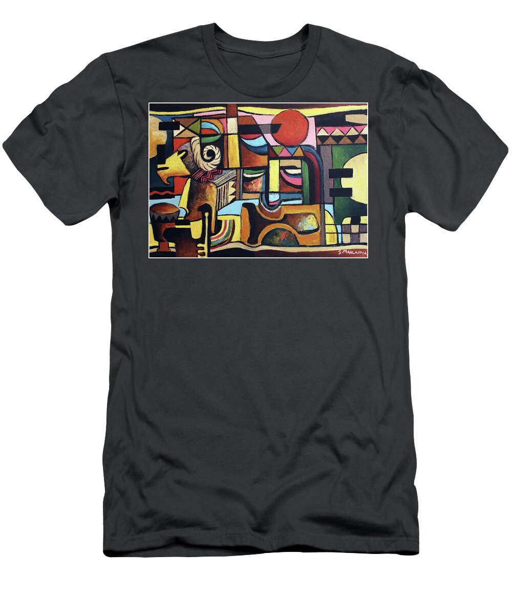 African T-Shirt featuring the painting Horn Of Hope by Speelman Mahlangu 1958-2004