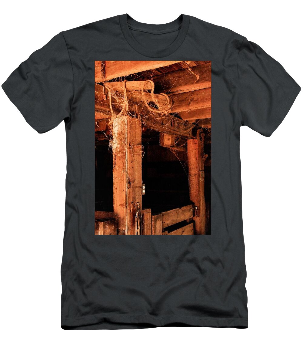 Horse Stable Wood Sepia Web T-Shirt featuring the photograph Horse Stable by John Linnemeyer