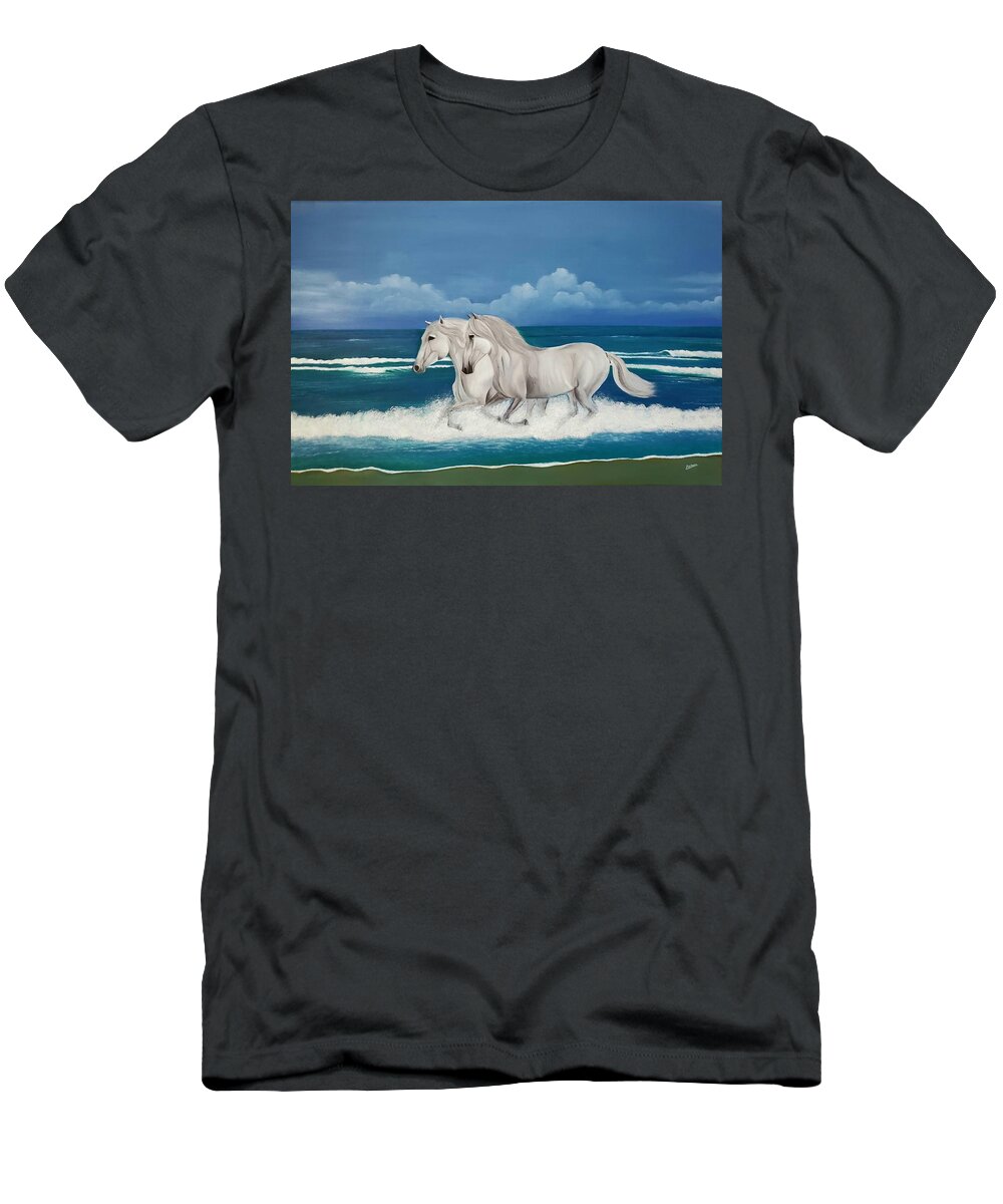 Horses T-Shirt featuring the painting Horses on the Beach by Archana Gautam