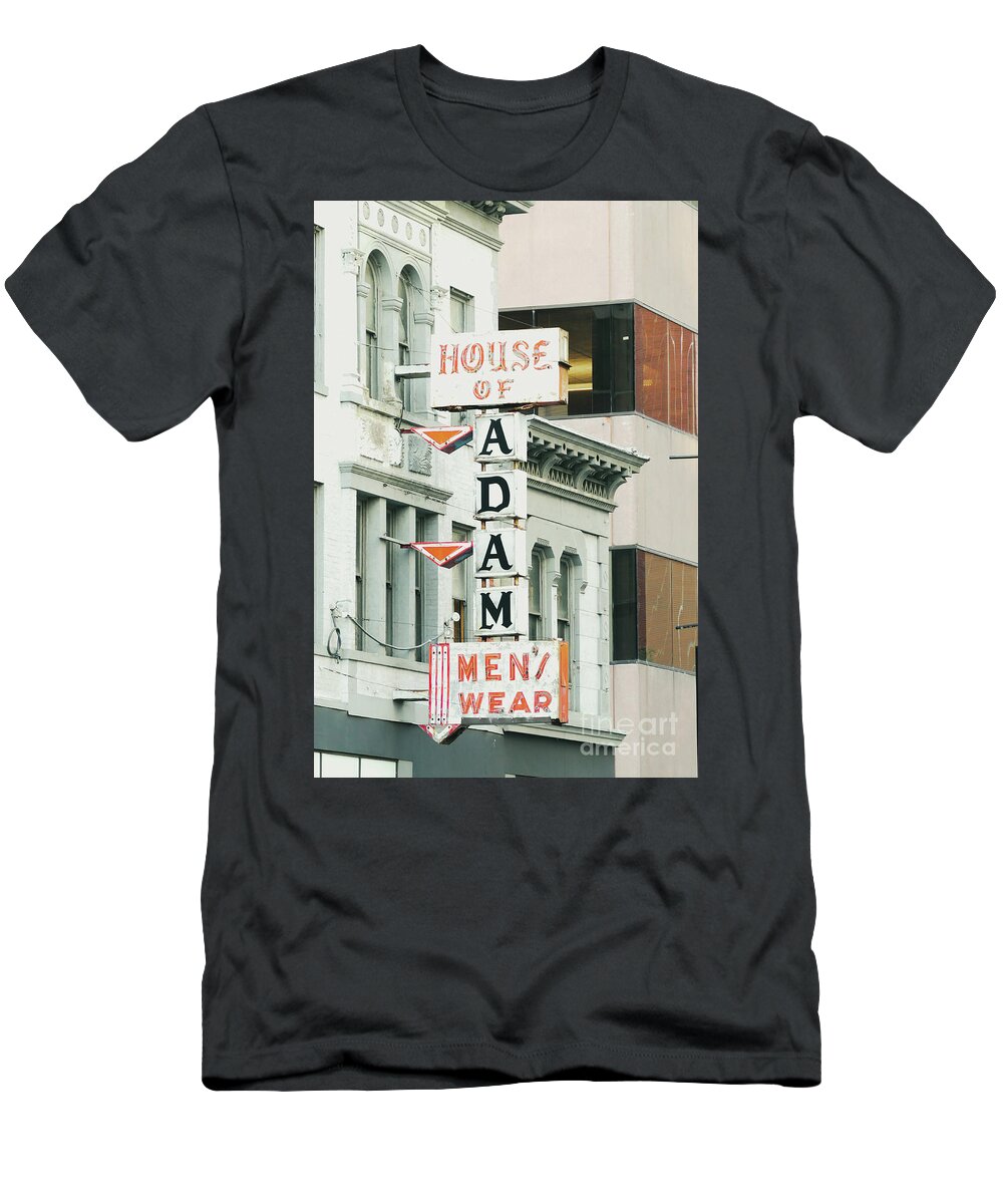 House Of Adam T-Shirt featuring the photograph House of Adam Men's Wear Sign by Bentley Davis