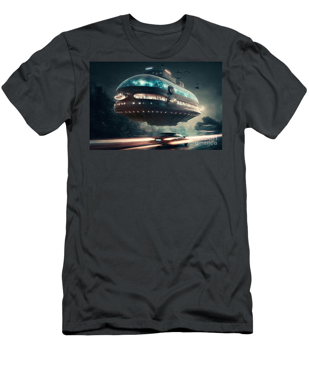 Hovering Ufo T-Shirt featuring the mixed media Hovering UFO VIII by Jay Schankman